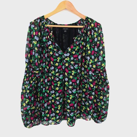 Ann Taylor Floral Balloon Sleeve Top XL Smocked Black Pink Chiffon Feminine - Picture 2 of 15